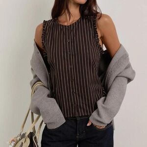 Motel Rocks Yarala Blouse Women's Size XL Brown Yellow Vest Stripe Classic Indie